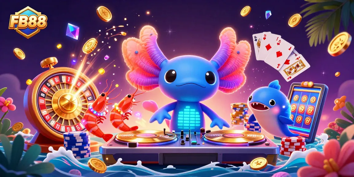 Engage with FB88's vibrant casino scene featuring a cartoon DJ, glowing shrimp, and animated casino elements.