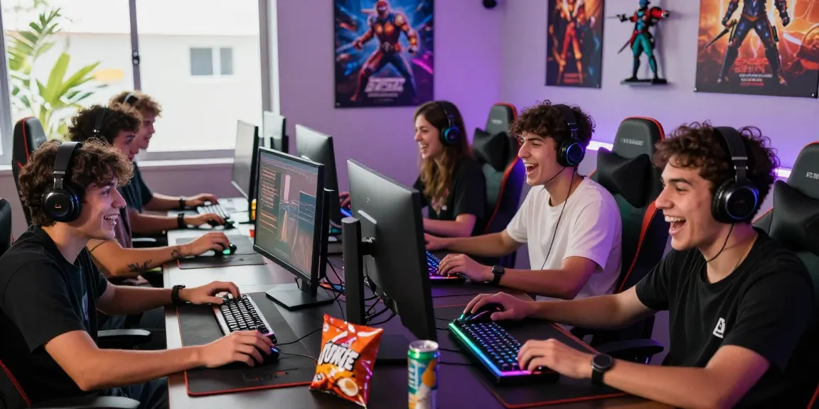Suasana bermain terjun4d dengan teman-teman di ruang gaming yang cerah dan dinamis.