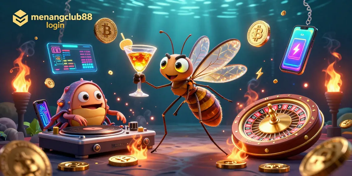 Experience excitement with menangclub88 login in a vibrant 3D casino scene featuring crypto elements.